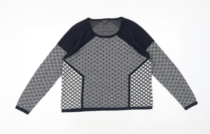 Warehouse Womens Blue Round Neck Geometric Cotton Pullover Jumper Size 10