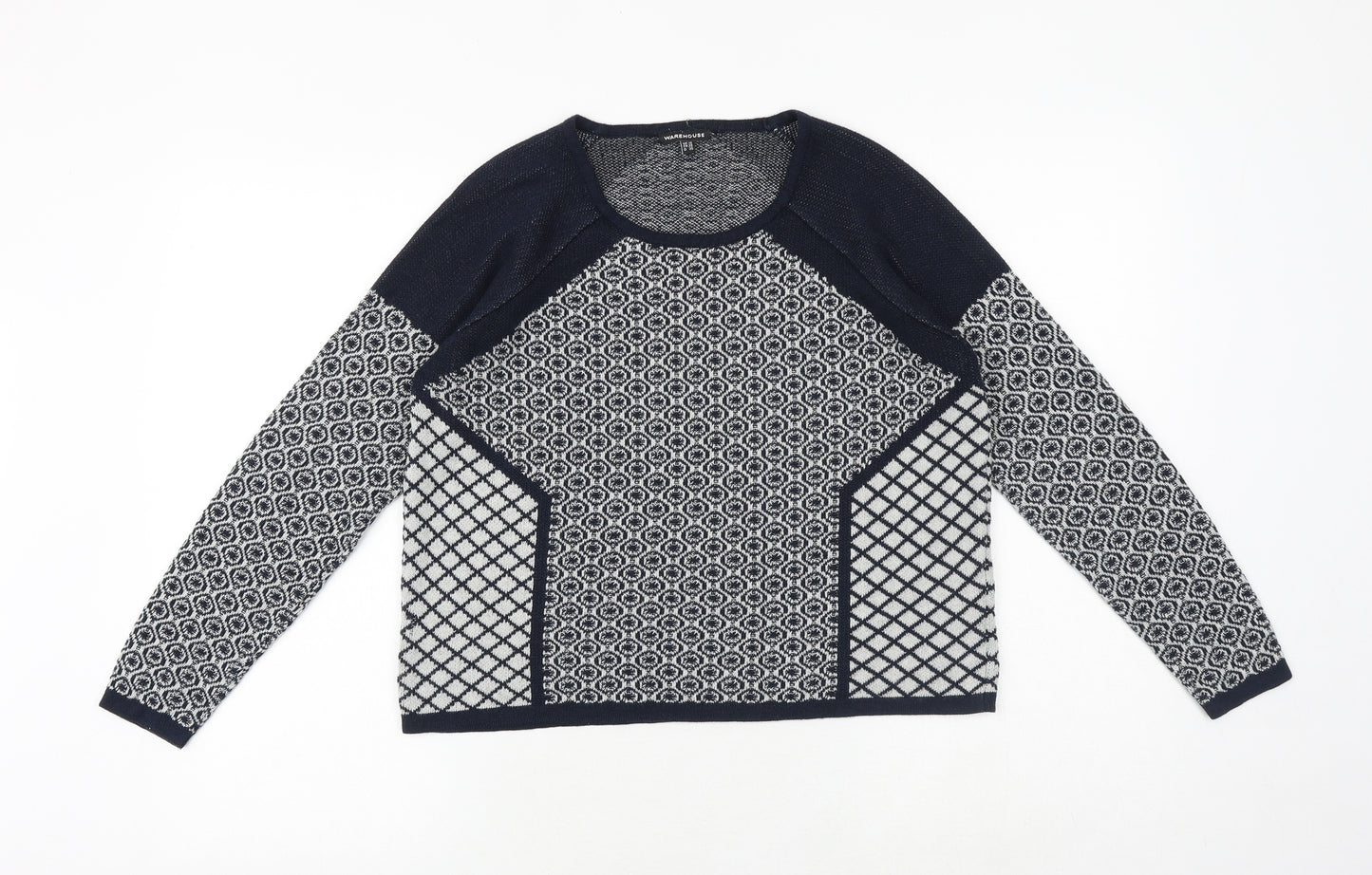 Warehouse Womens Blue Round Neck Geometric Cotton Pullover Jumper Size 10