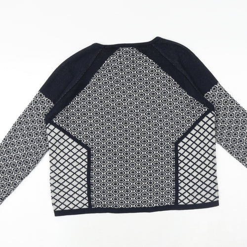 Warehouse Womens Blue Round Neck Geometric Cotton Pullover Jumper Size 10