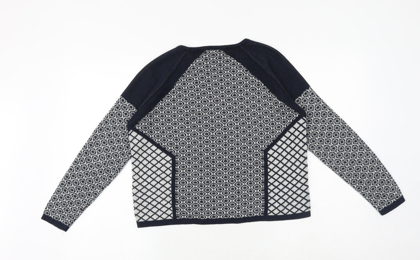 Warehouse Womens Blue Round Neck Geometric Cotton Pullover Jumper Size 10