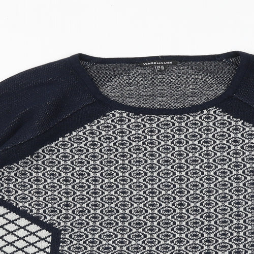 Warehouse Womens Blue Round Neck Geometric Cotton Pullover Jumper Size 10