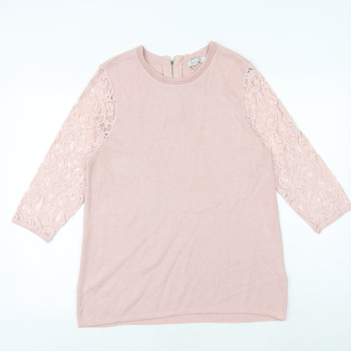 Marks and Spencer Womens Pink Round Neck Viscose Pullover Jumper Size 14 - Lace Sleeve