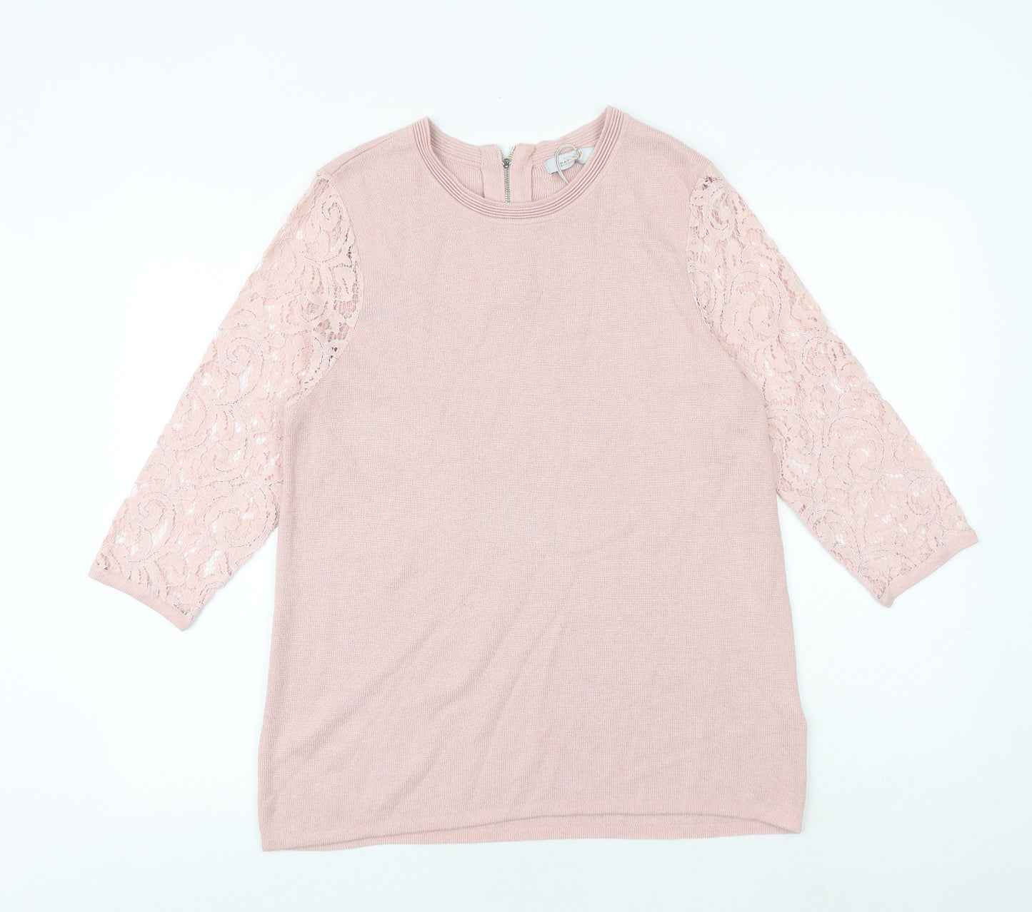 Marks and Spencer Womens Pink Round Neck Viscose Pullover Jumper Size 14 - Lace Sleeve