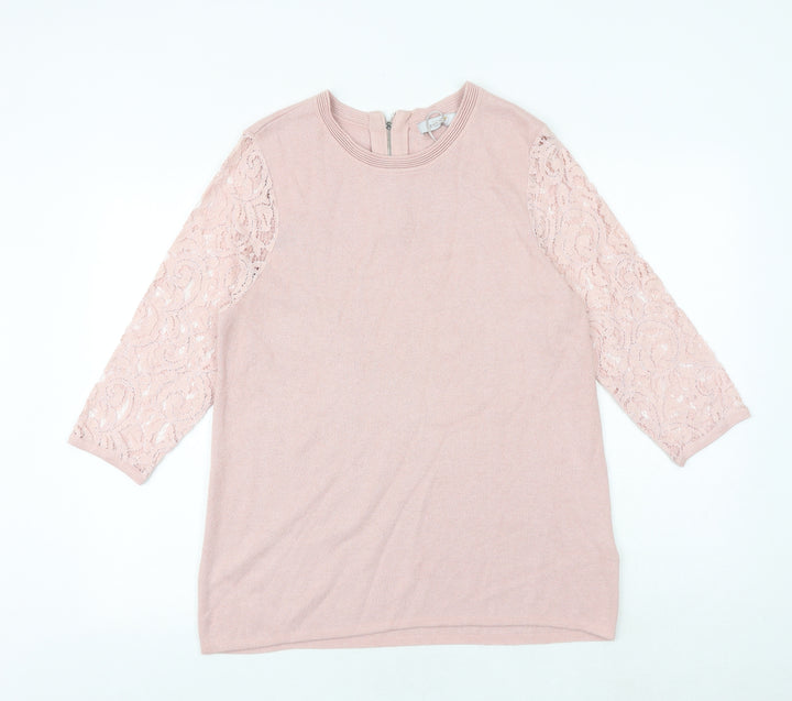 Marks and Spencer Womens Pink Round Neck Viscose Pullover Jumper Size 14 - Lace Sleeve