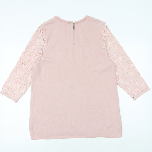 Marks and Spencer Womens Pink Round Neck Viscose Pullover Jumper Size 14 - Lace Sleeve
