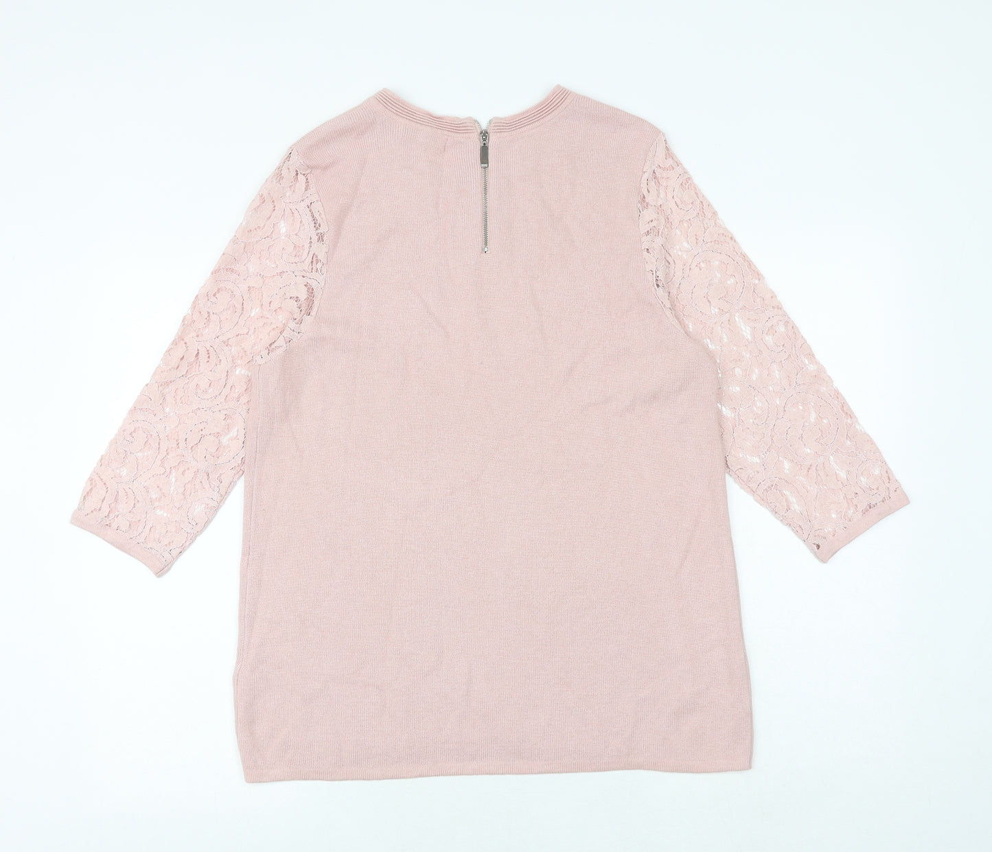 Marks and Spencer Womens Pink Round Neck Viscose Pullover Jumper Size 14 - Lace Sleeve