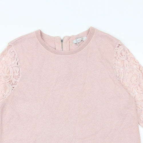 Marks and Spencer Womens Pink Round Neck Viscose Pullover Jumper Size 14 - Lace Sleeve