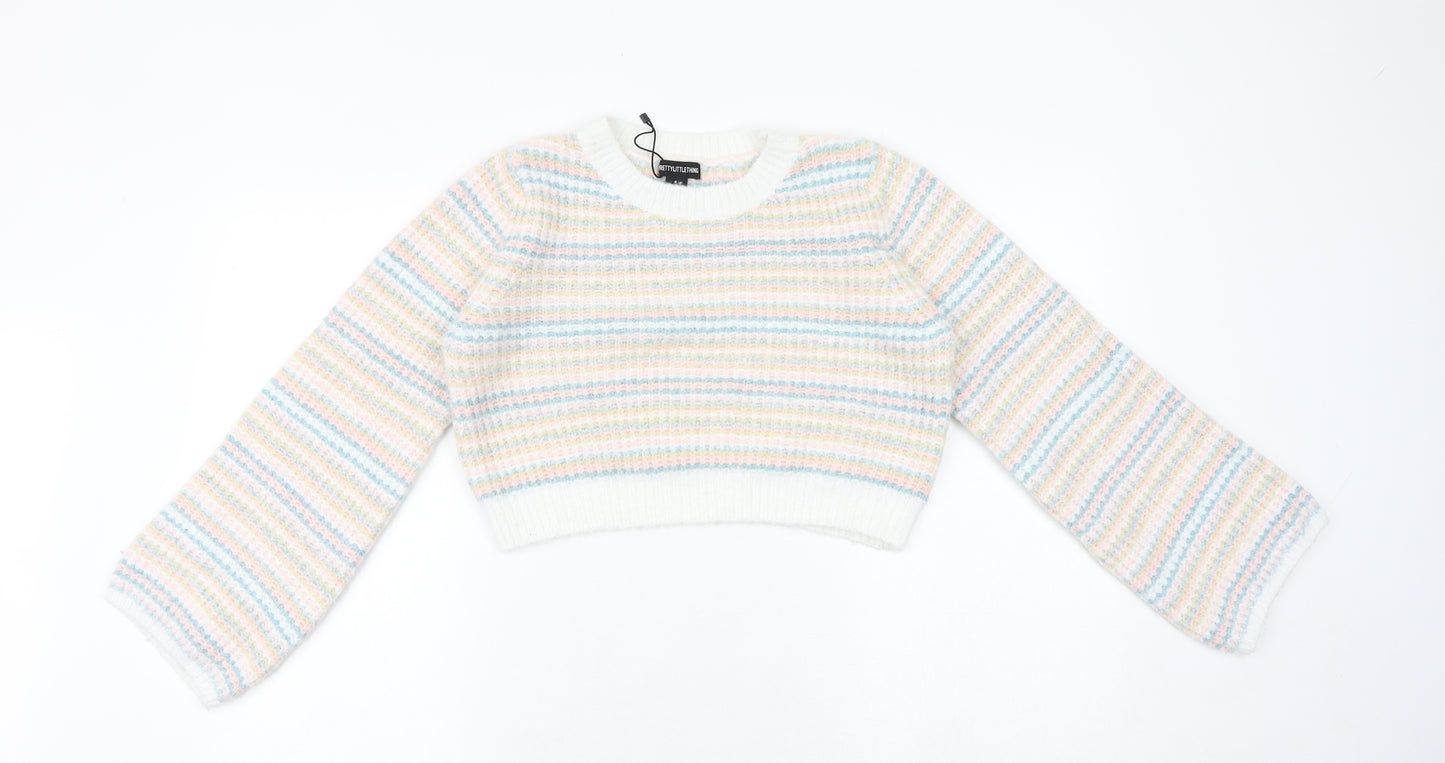 PRETTYLITTLETHING Womens Multicoloured Round Neck Striped Acrylic Pullover Jumper Size M