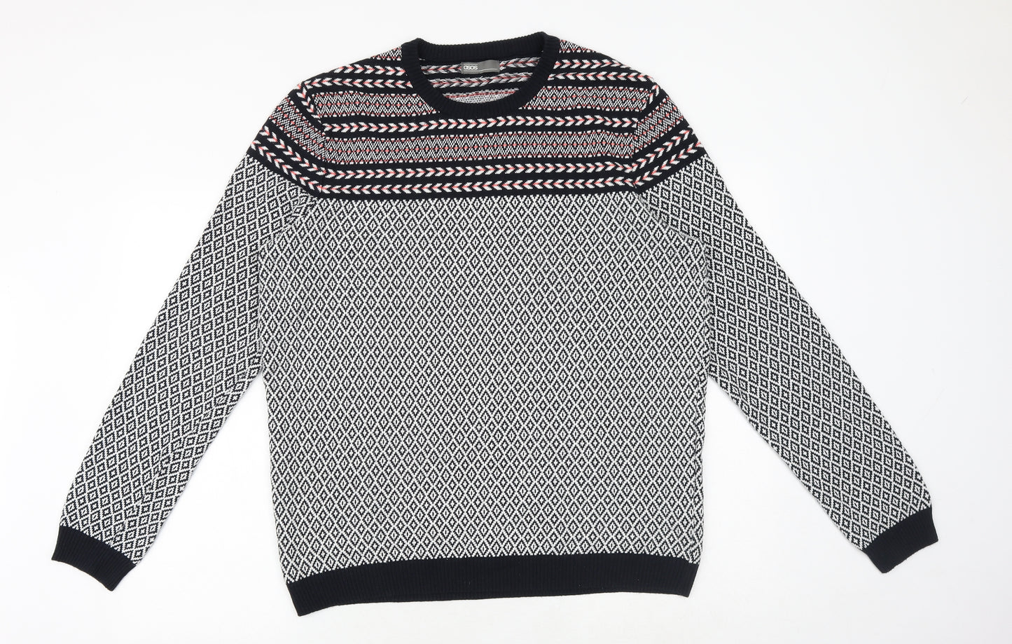 ASOS Mens Blue Round Neck Geometric Cotton Pullover Jumper Size XL Long Sleeve