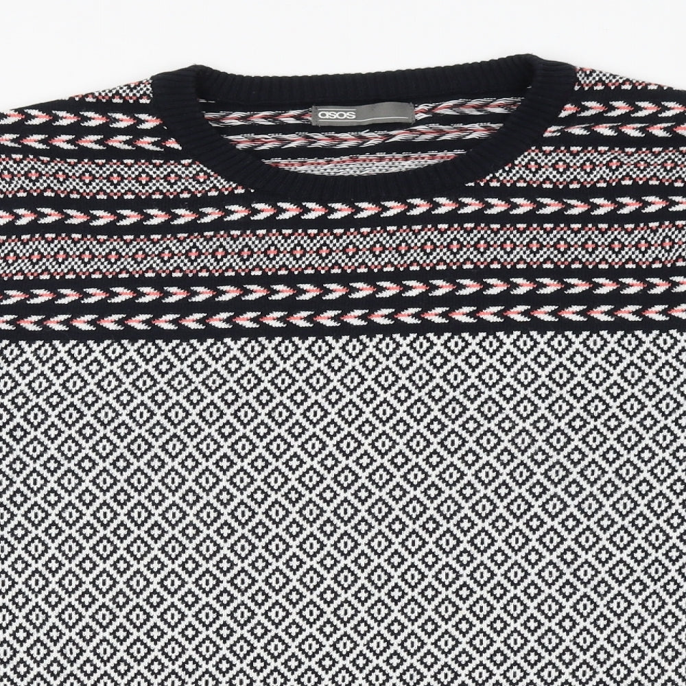 ASOS Mens Blue Round Neck Geometric Cotton Pullover Jumper Size XL Long Sleeve