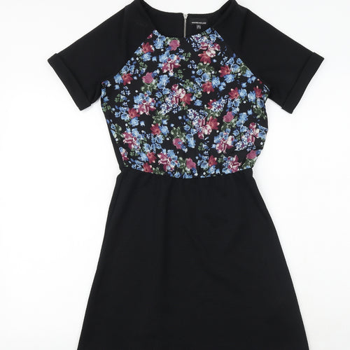 Warehouse Womens Black Floral Polyester Fit & Flare Size 6 Boat Neck Zip