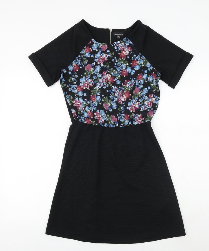 Warehouse Womens Black Floral Polyester Fit & Flare Size 6 Boat Neck Zip