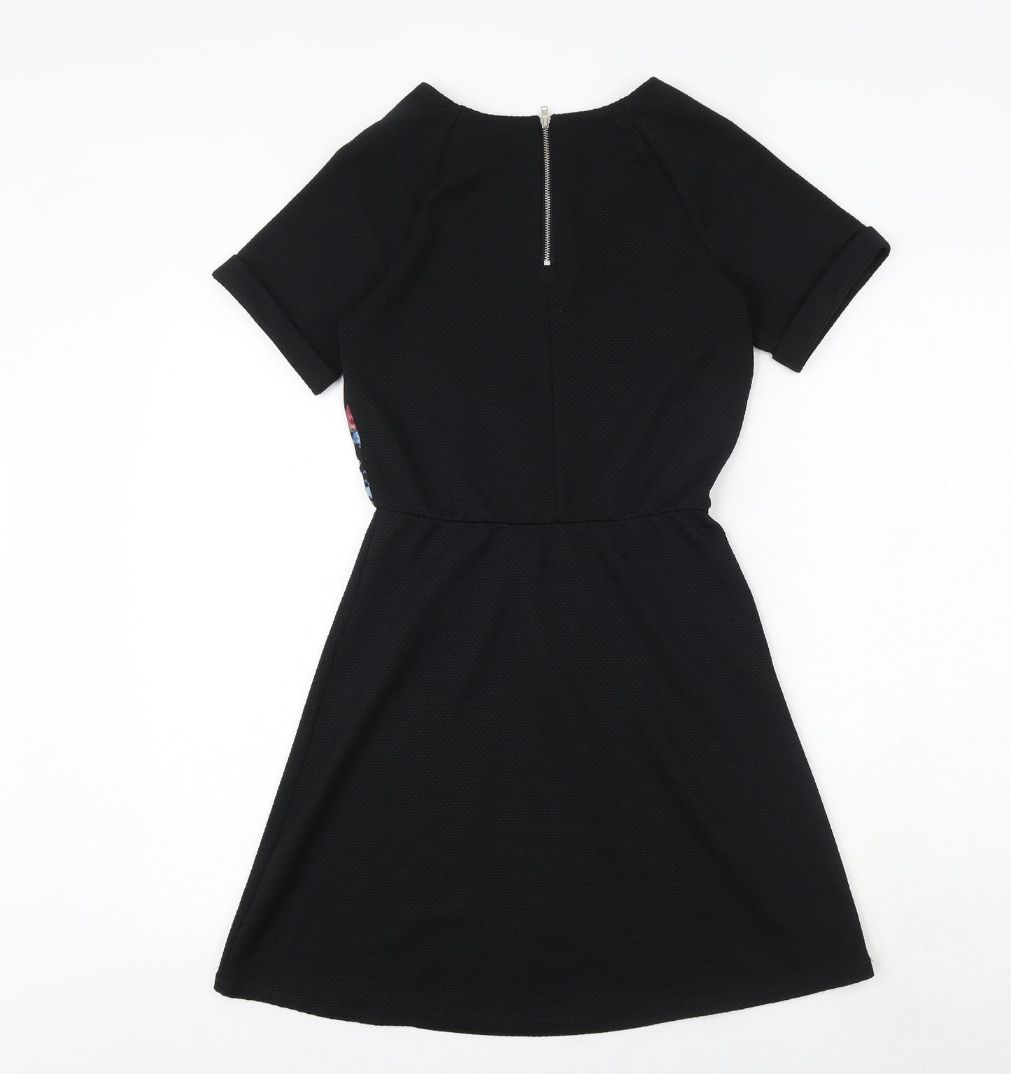 Warehouse Womens Black Floral Polyester Fit & Flare Size 6 Boat Neck Zip