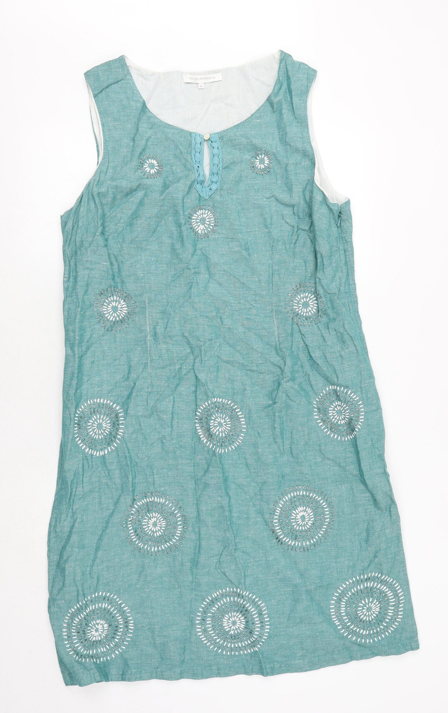 John Rocha Womens Green Geometric Linen Shift Size 18 Boat Neck Zip