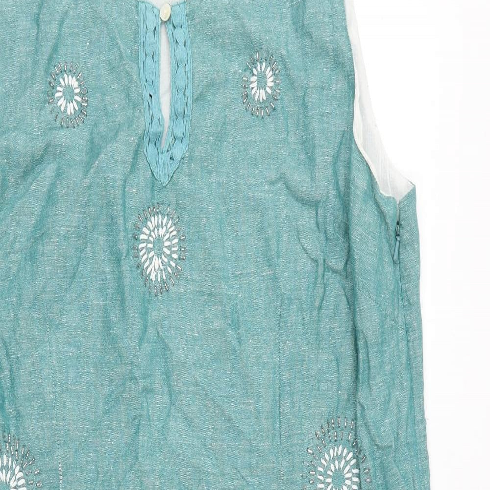 John Rocha Womens Green Geometric Linen Shift Size 18 Boat Neck Zip