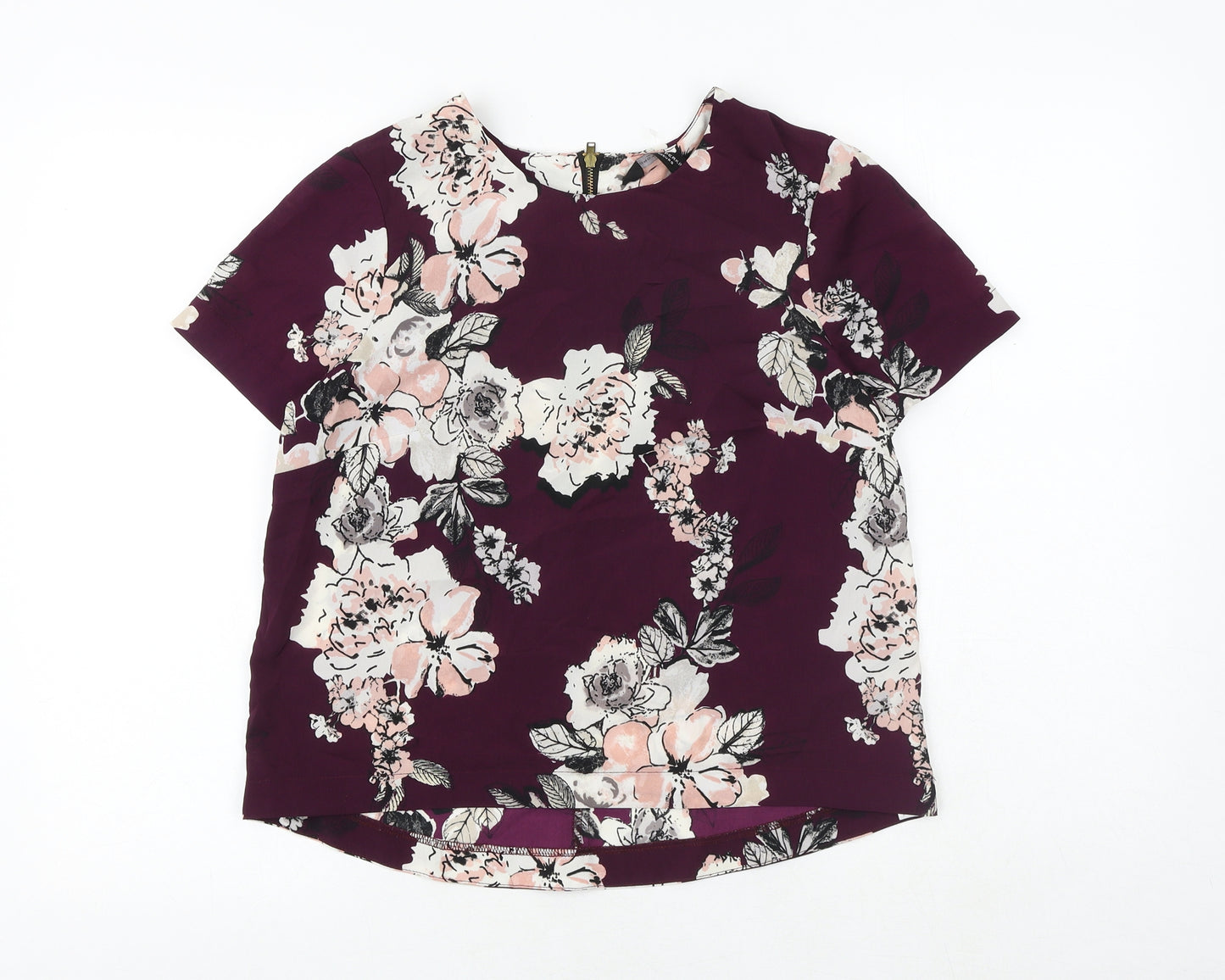 Dorothy Perkins Womens Purple Floral Polyester Basic T-Shirt Size 12 Round Neck