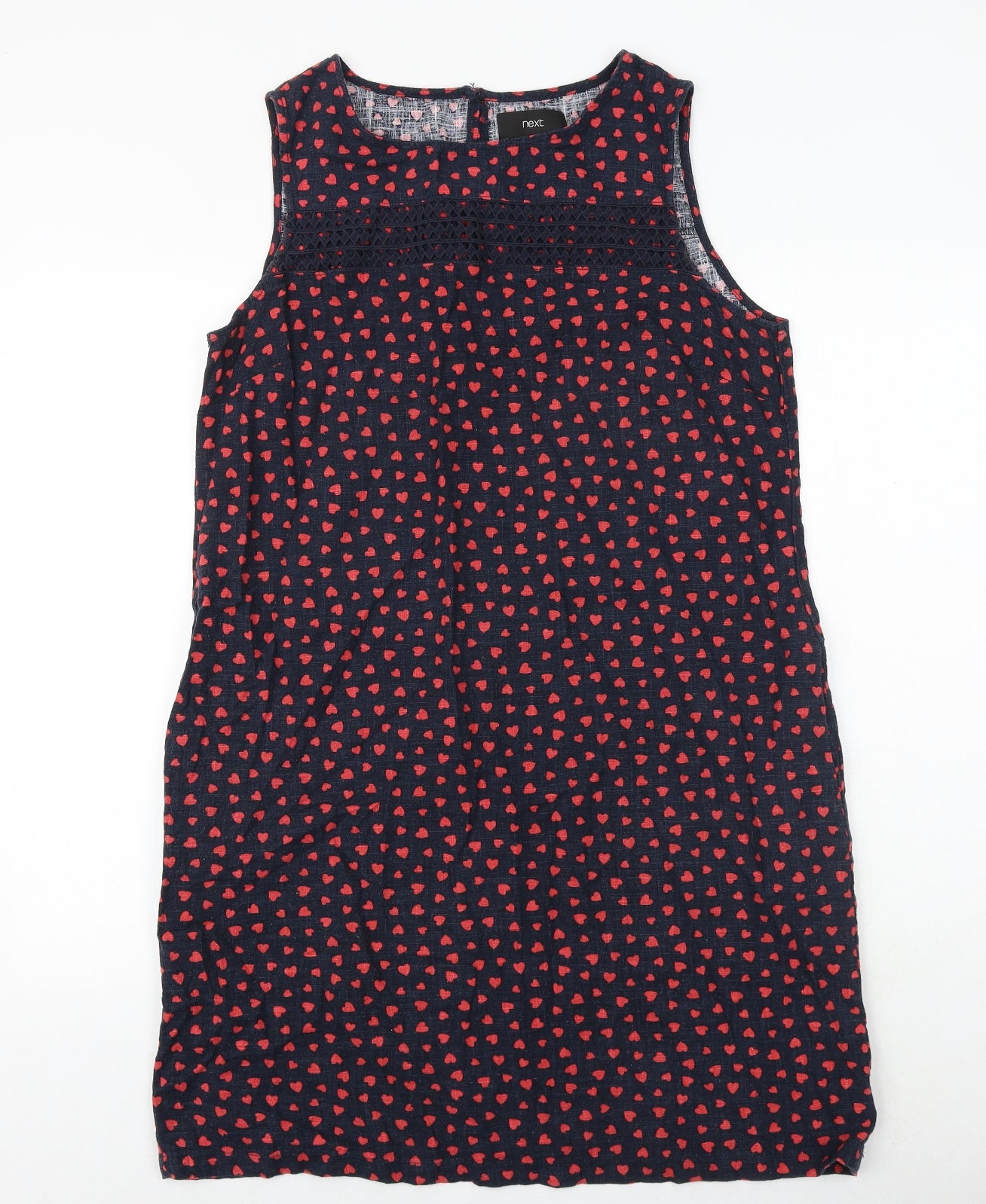 NEXT Womens Blue Geometric Linen Shift Size 14 Boat Neck Button - Heart Pattern