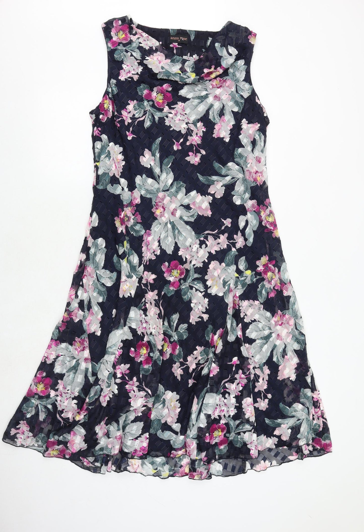 Anna Rose Womens Blue Floral Polyester A-Line Size 18 Cowl Neck Zip
