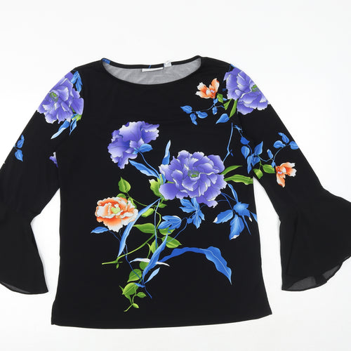 Susan Graver Womens Black Floral Polyester Basic Blouse Size S Round Neck
