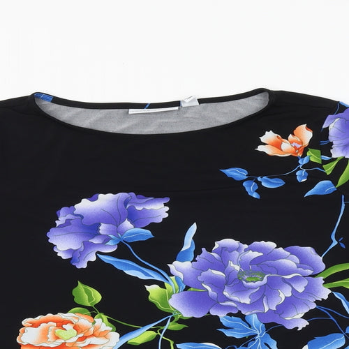 Susan Graver Womens Black Floral Polyester Basic Blouse Size S Round Neck