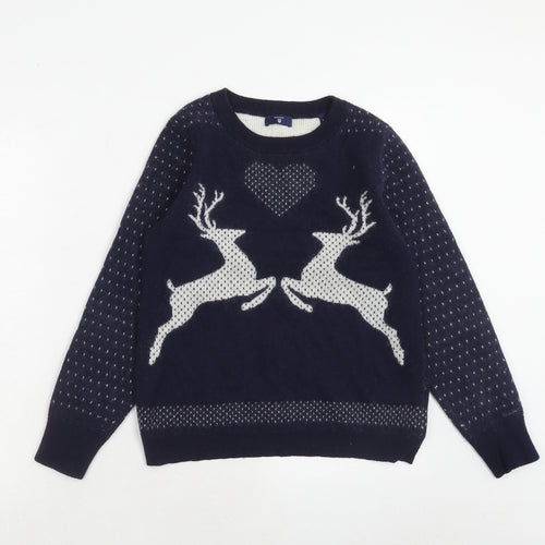 GANT Womens Blue Round Neck Wool Pullover Jumper Size M - Reindeer