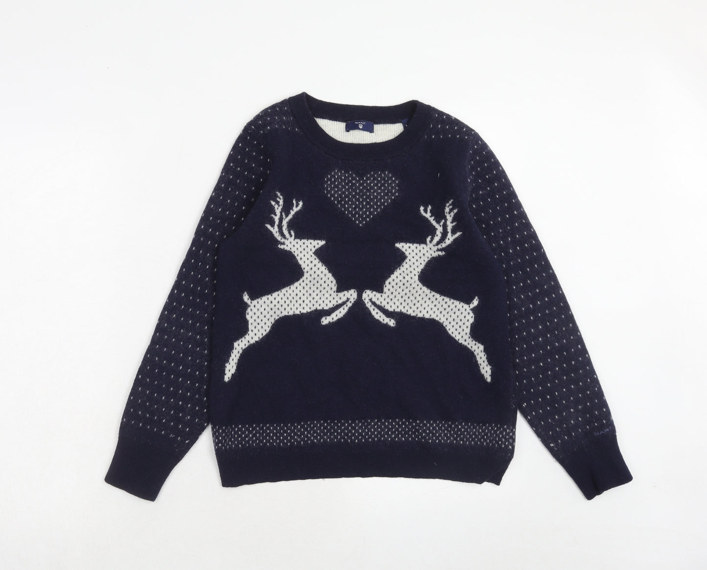 GANT Womens Blue Round Neck Wool Pullover Jumper Size M - Reindeer