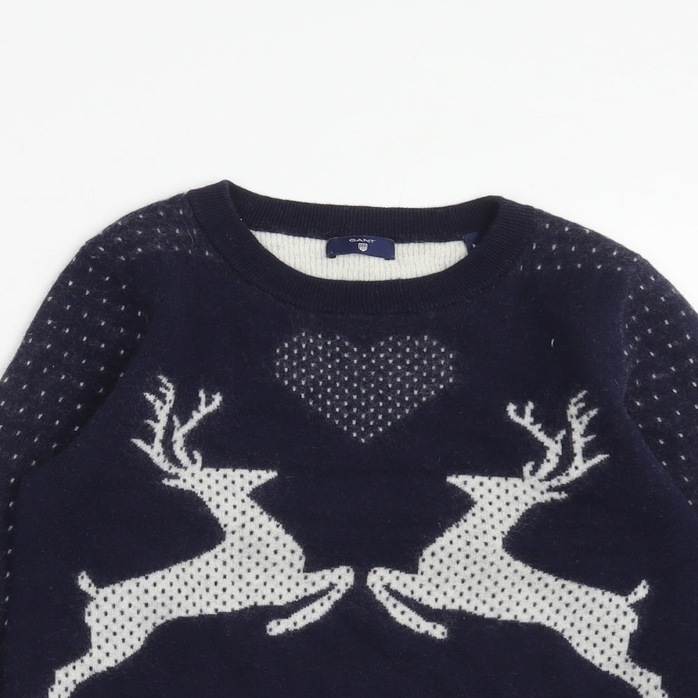 GANT Womens Blue Round Neck Wool Pullover Jumper Size M - Reindeer