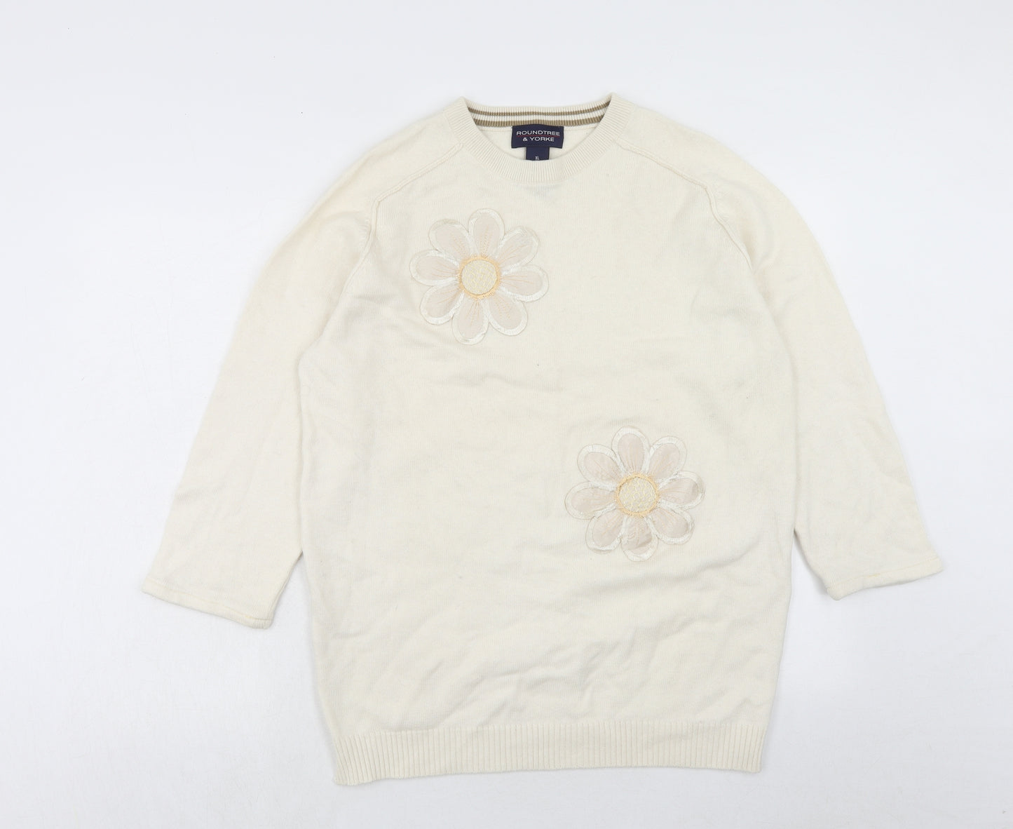 Roundtree & Yorke Womens Ivory Round Neck Wool Pullover Jumper Size XL