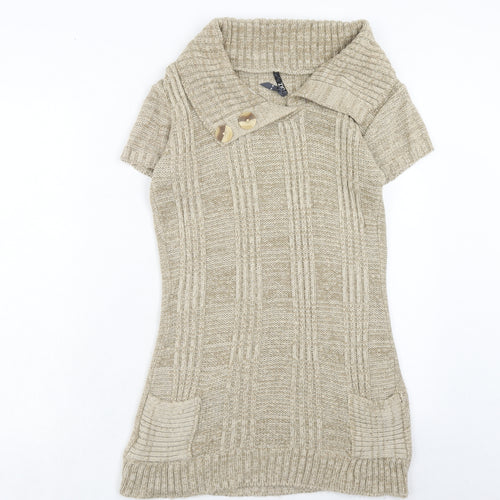 Quiz Womens Brown Acrylic Jumper Dress Size S Collared Pullover - Textured