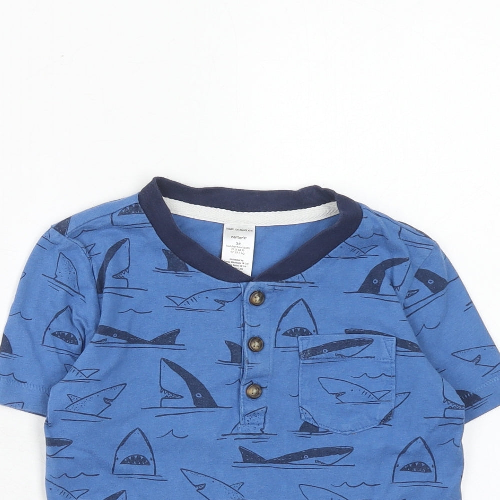 Carters Boys Blue Geometric Cotton Pullover T-Shirt Size 5 Years Round Neck Pullover - Shark Print