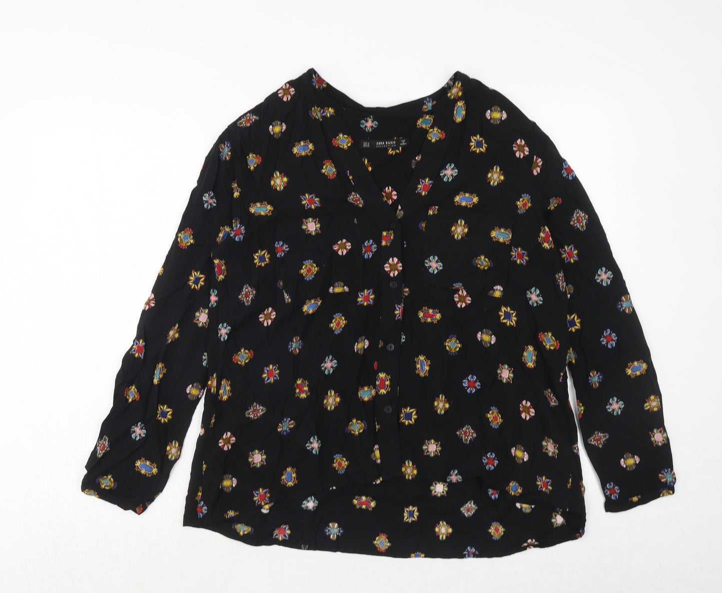 Zara Womens Black Geometric Viscose Basic Button-Up Size M V-Neck
