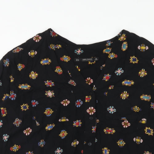 Zara Womens Black Geometric Viscose Basic Button-Up Size M V-Neck