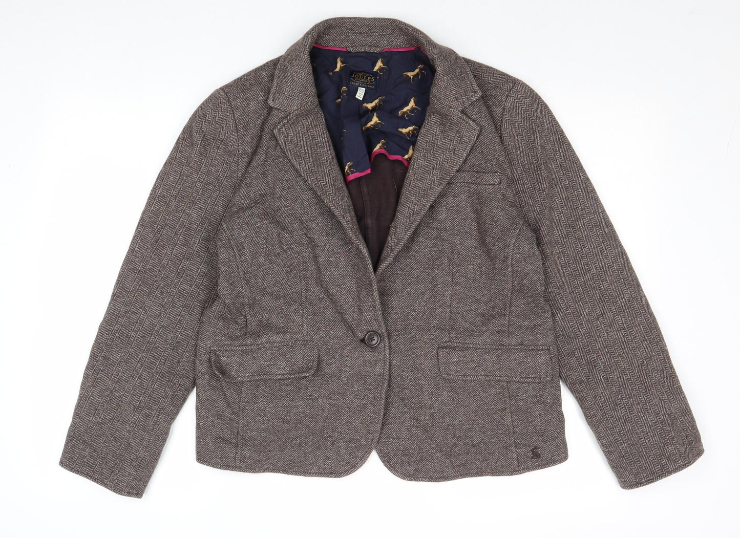 Joules Womens Brown Geometric Jacket Blazer Size 16 Button