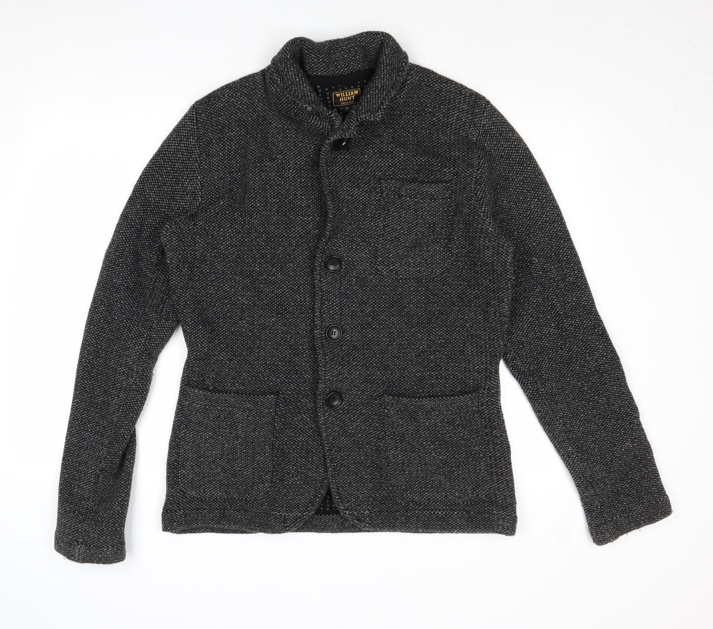 William Hunt Mens Grey Collared Geometric Wool Cardigan Jumper Size M Long Sleeve