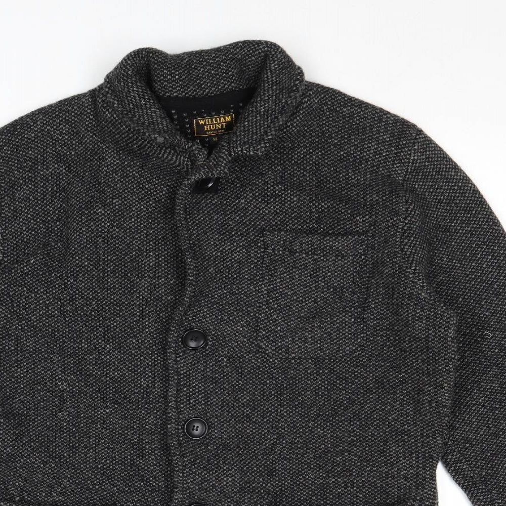 William Hunt Mens Grey Collared Geometric Wool Cardigan Jumper Size M Long Sleeve