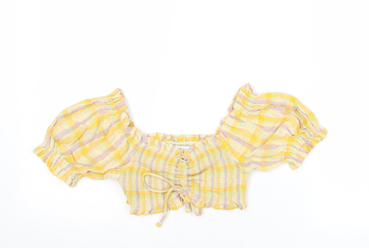 Urban Outfitters Womens Yellow Plaid Cotton Cropped Blouse Size XS Scoop Neck
