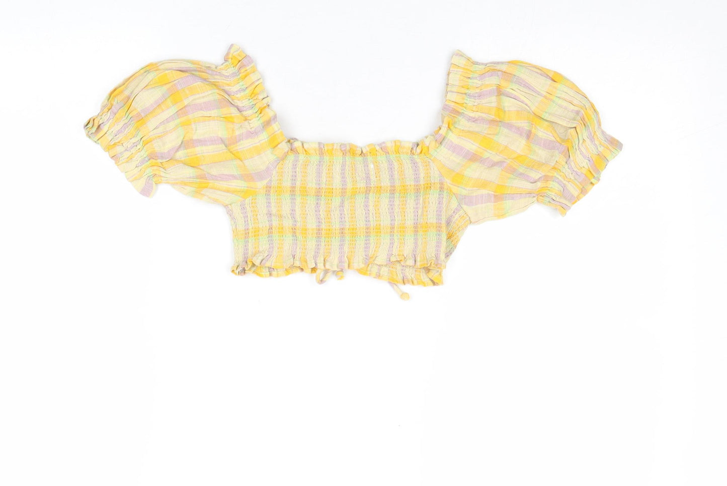 Urban Outfitters Womens Yellow Plaid Cotton Cropped Blouse Size XS Scoop Neck