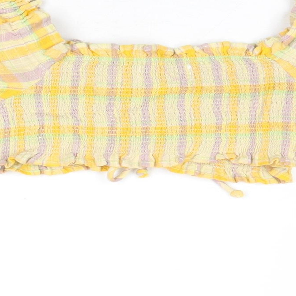 Urban Outfitters Womens Yellow Plaid Cotton Cropped Blouse Size XS Scoop Neck
