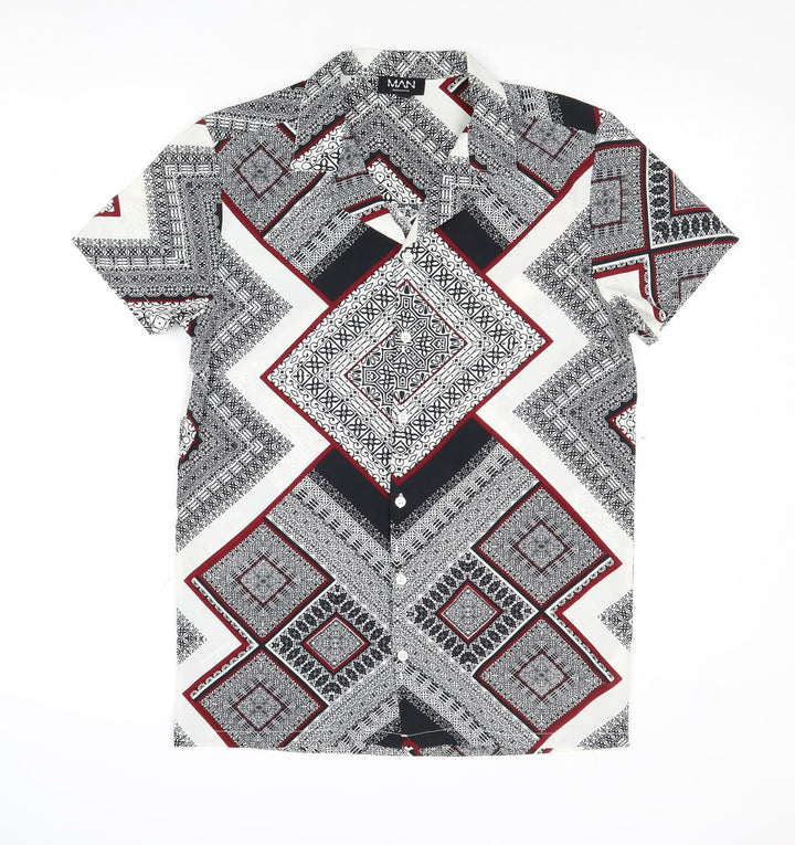 Boohoo Womens Multicoloured Geometric Polyester Basic Button-Up Size S Collared