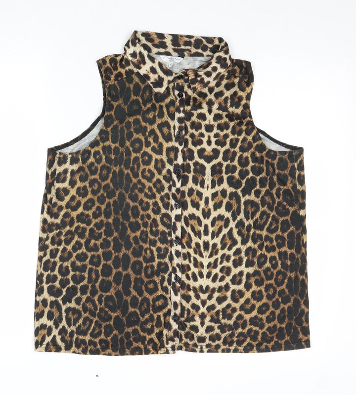 New Look Womens Brown Animal Print Polyester Basic Button-Up Size 12 Collared - Leopard Pattern