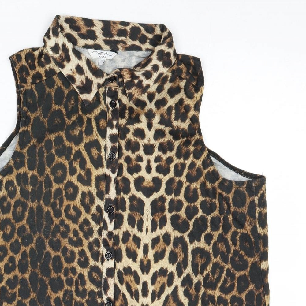 New Look Womens Brown Animal Print Polyester Basic Button-Up Size 12 Collared - Leopard Pattern