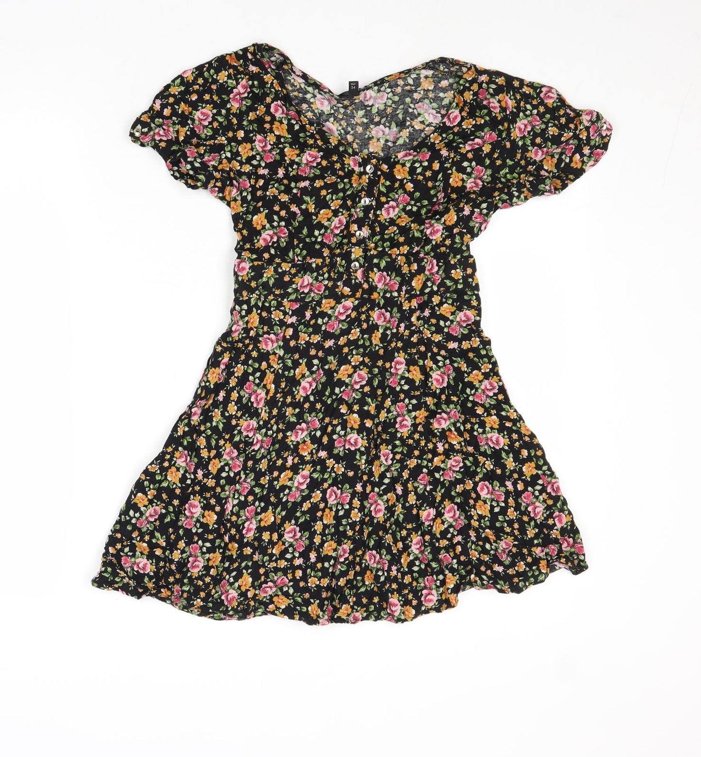 New Look Womens Multicoloured Floral Viscose Skater Dress Size 8 Round Neck Button