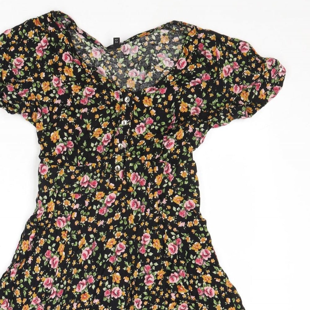 New Look Womens Multicoloured Floral Viscose Skater Dress Size 8 Round Neck Button