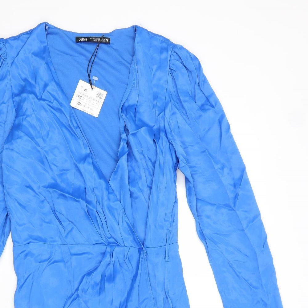 Zara Womens Blue Polyester A-Line Size XS V-Neck Zip