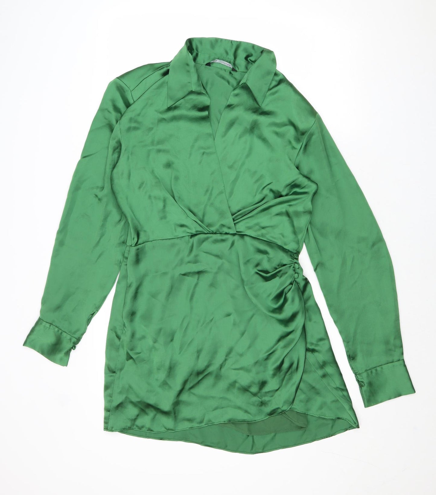 Zara Womens Green Polyester Shirt Dress Size M Collared Zip