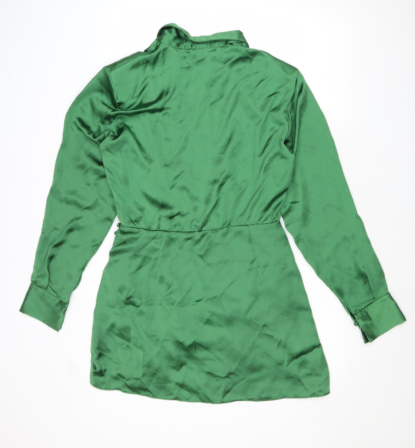 Zara Womens Green Polyester Shirt Dress Size M Collared Zip