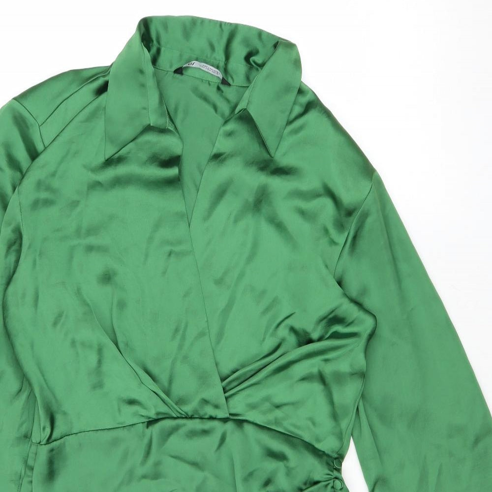 Zara Womens Green Polyester Shirt Dress Size M Collared Zip