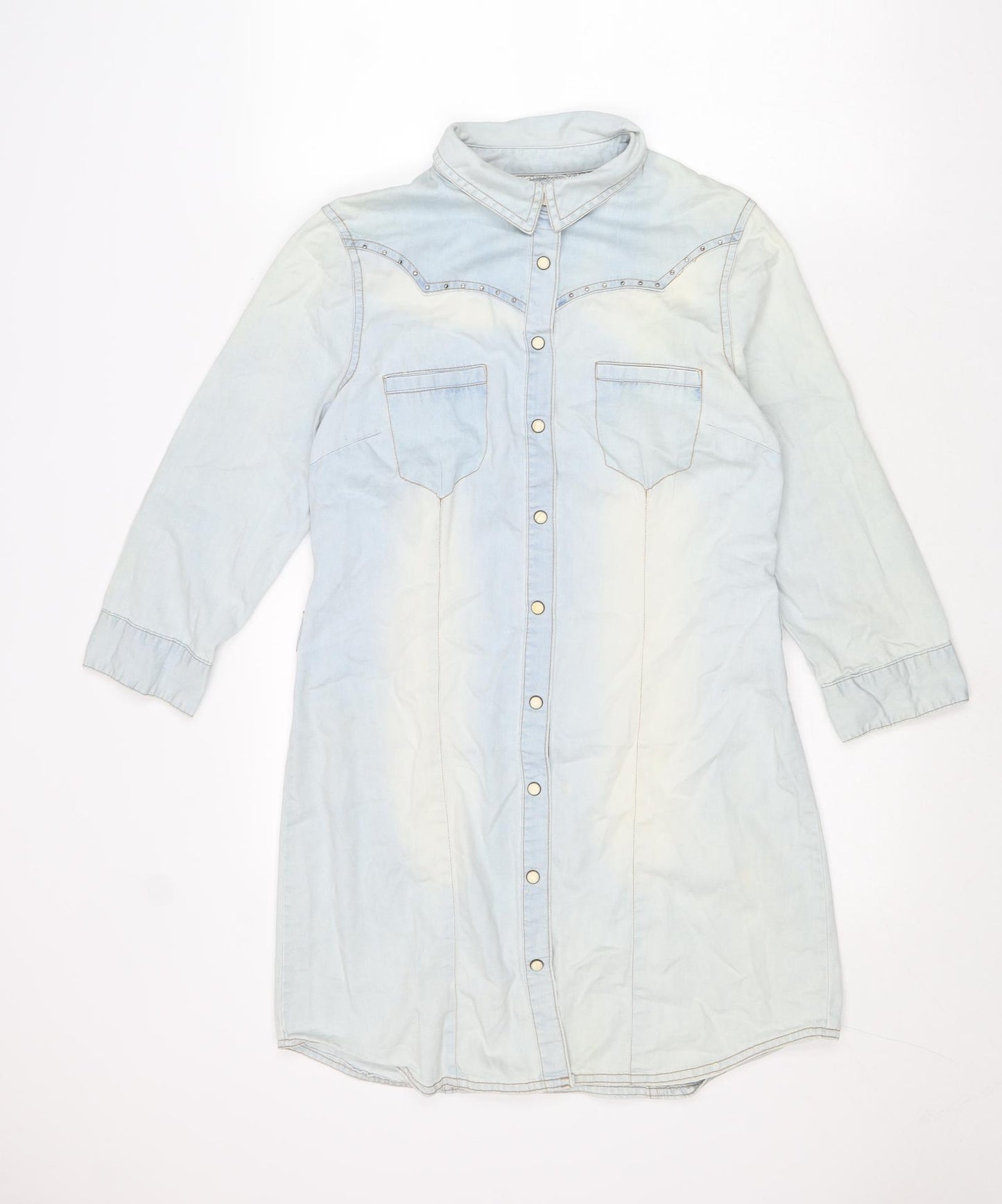New Look Womens Blue Cotton Shirt Dress Size 10 Collared Snap