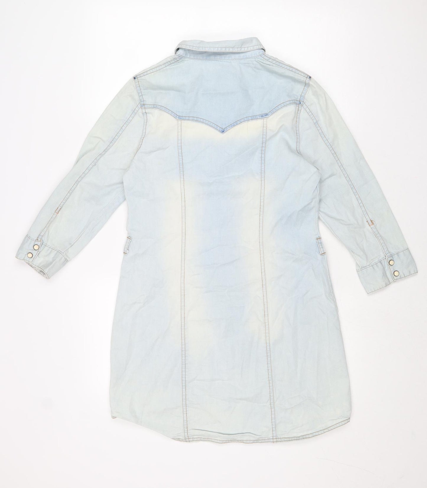 New Look Womens Blue Cotton Shirt Dress Size 10 Collared Snap