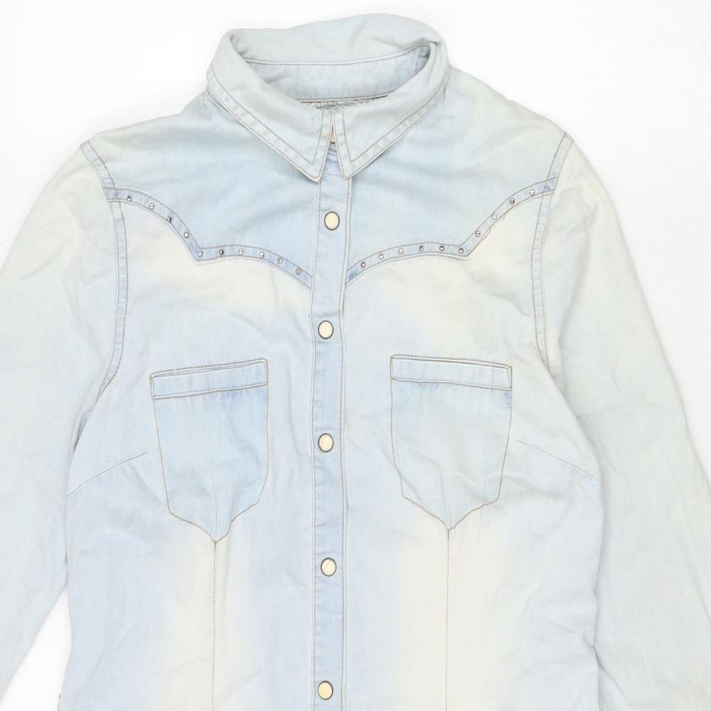 New Look Womens Blue Cotton Shirt Dress Size 10 Collared Snap